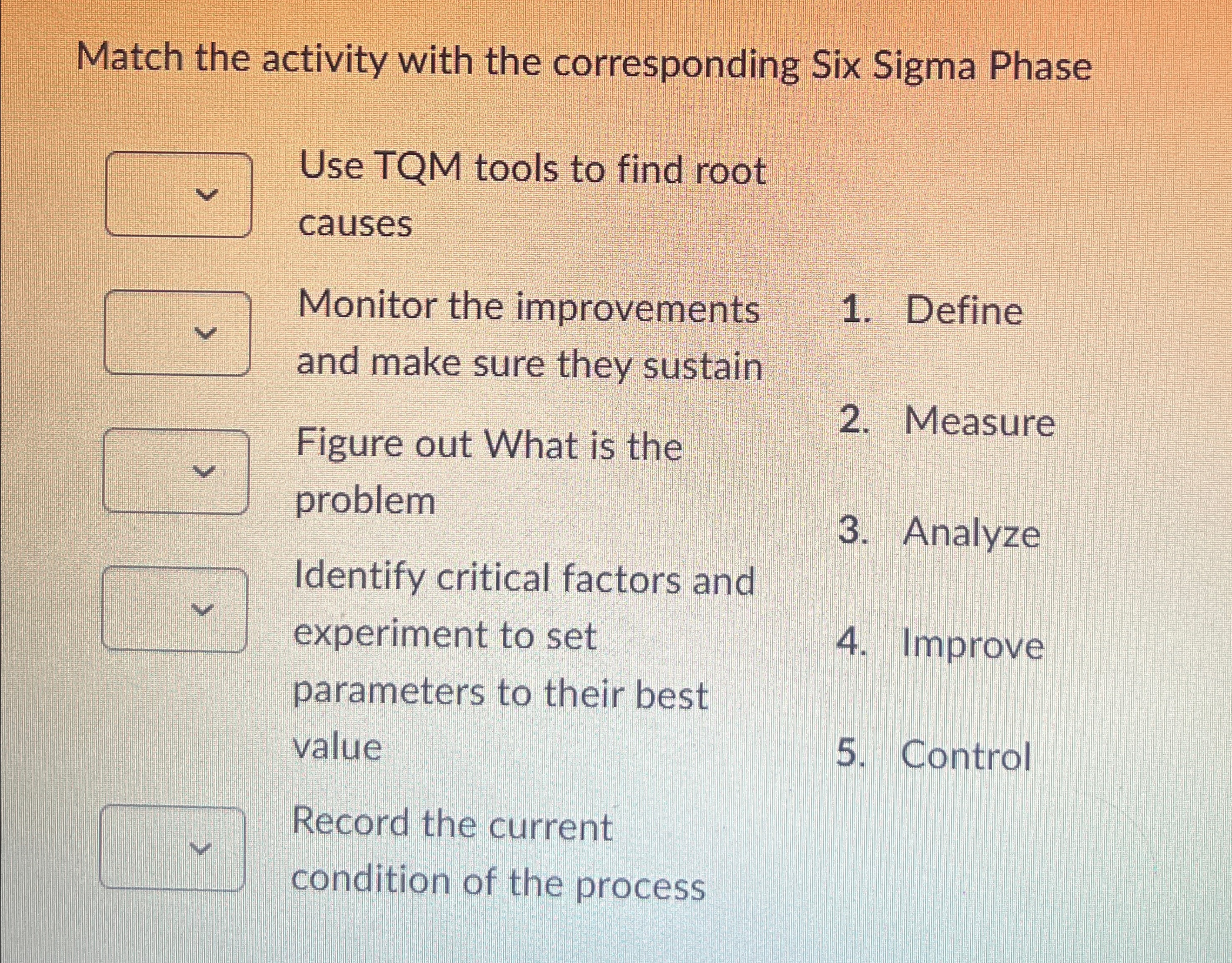 Solved Match the activity with the corresponding Six Sigma | Chegg.com