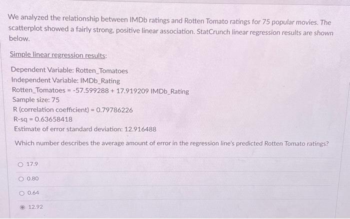 Solved We analyzed the relationship between IMDb ratings and | Chegg.com