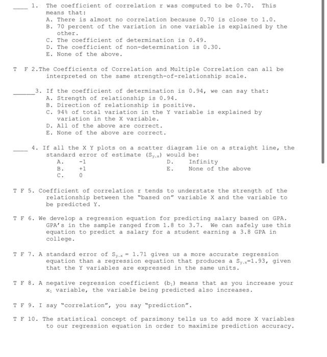 Solved 1. The coefficient of correlation r was computed to | Chegg.com