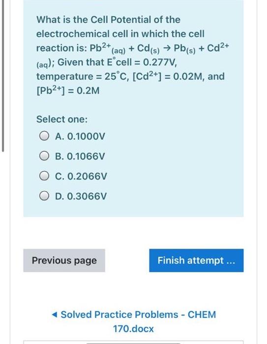 Solved What Is The Cell Potential Of The Electrochemical 2022