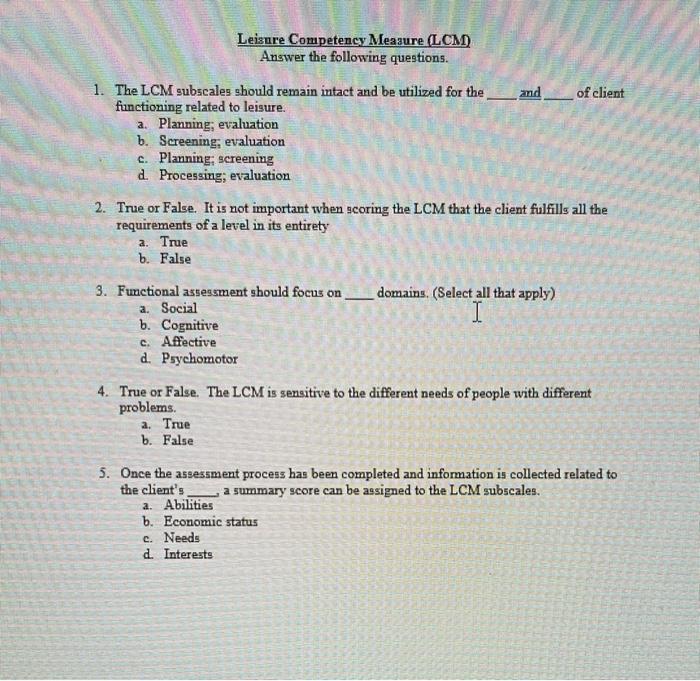 Solved Leisure Competency Measure (LCM) Answer the following | Chegg.com