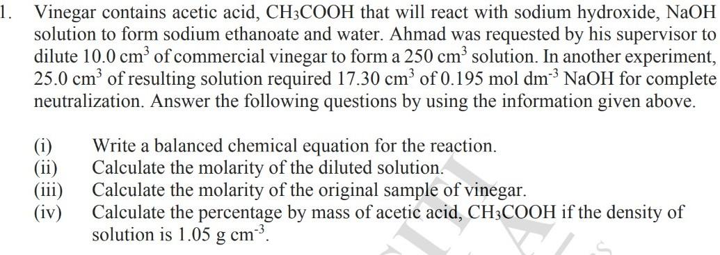 Solved 21. Vinegar contains acetic acid, CH3COOH that will | Chegg.com