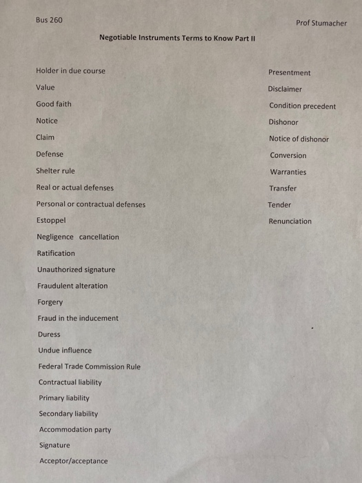 Bus 260 Prof Stumacher Negotiable Instruments 30 T Chegg Com