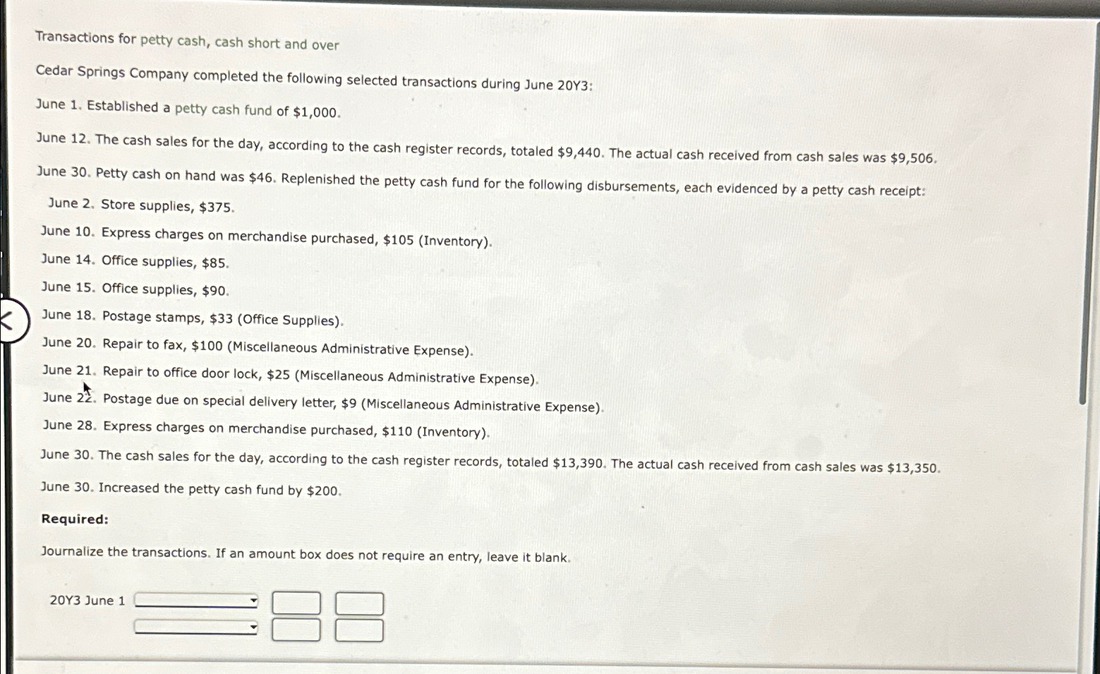 Solved Transactions for petty cash, cash short and overCedar | Chegg.com