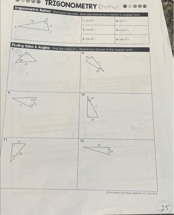 Solved TRIGONOMETRY Review! Trigonometric Ratios. Find each | Chegg.com