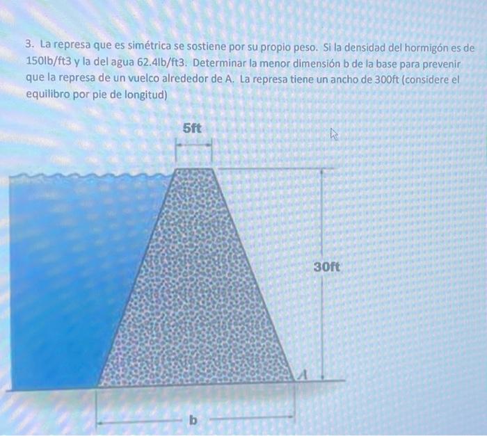 3. La represa que es simétrica se sostiene por su propio peso. Si la densidad del hormigón es de \( 150 \mathrm{~b} / \mathrm