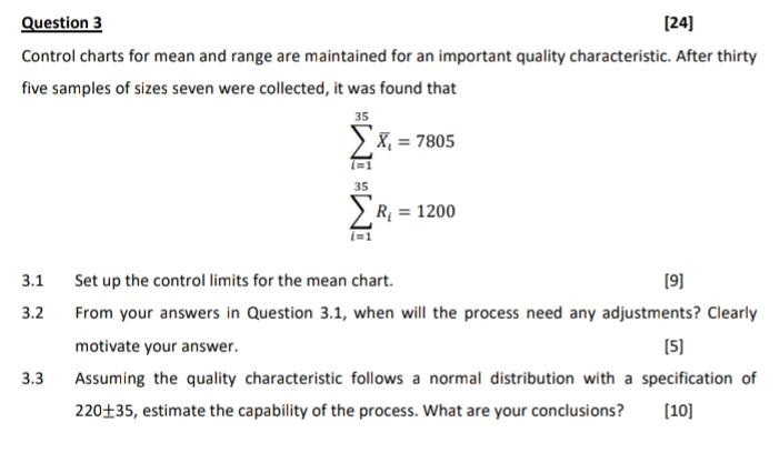 Solved Question 3 [24] Control charts for mean and range are | Chegg.com