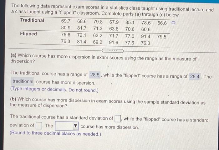 Solved The following data represent exam scores in a | Chegg.com