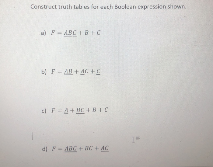 Solved Construct truth tables for each Boolean expression | Chegg.com