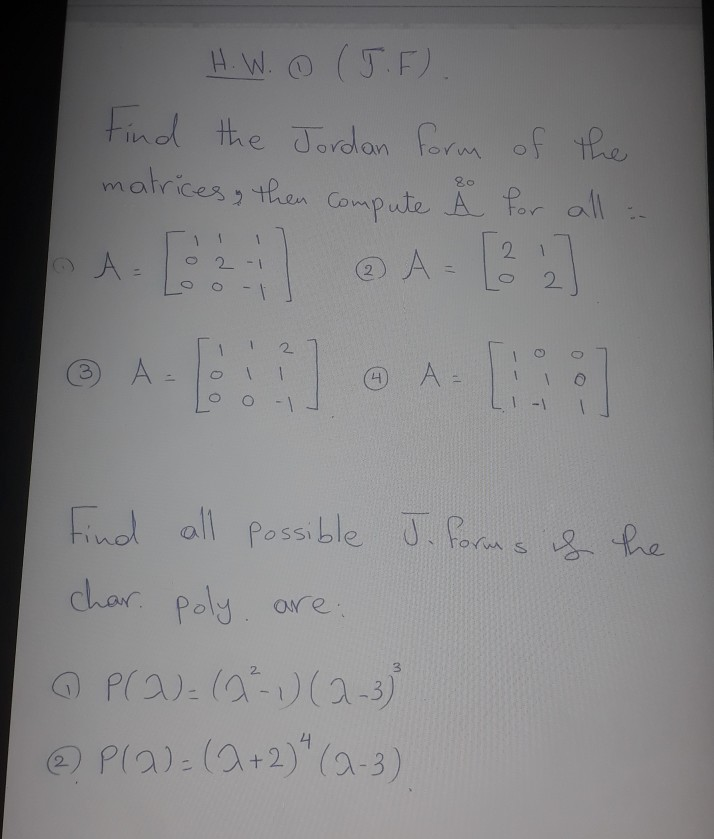 Solved H W J F Find The Jordan Form Of The Matrices Chegg Com