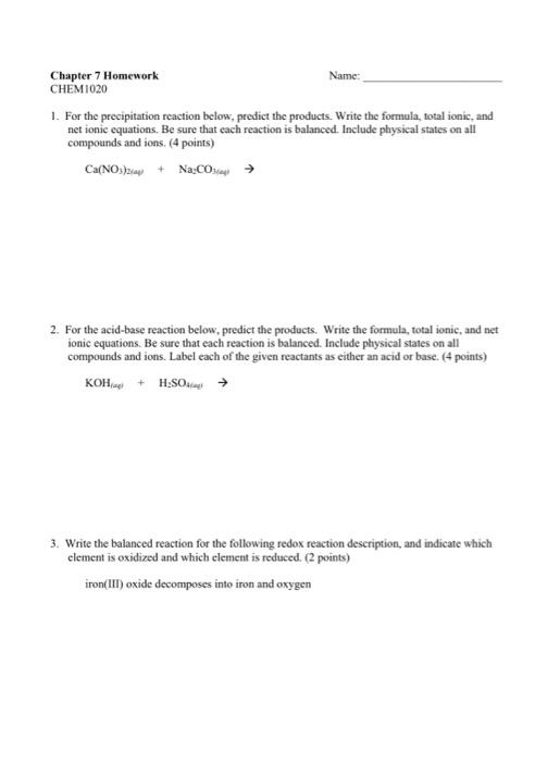 Solved 1. For The Precipitation Reaction Below, Predict The | Chegg.com