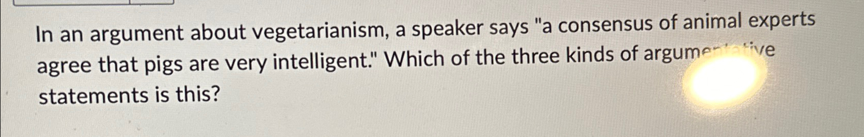 Solved In an argument about vegetarianism, a speaker says "a | Chegg.com
