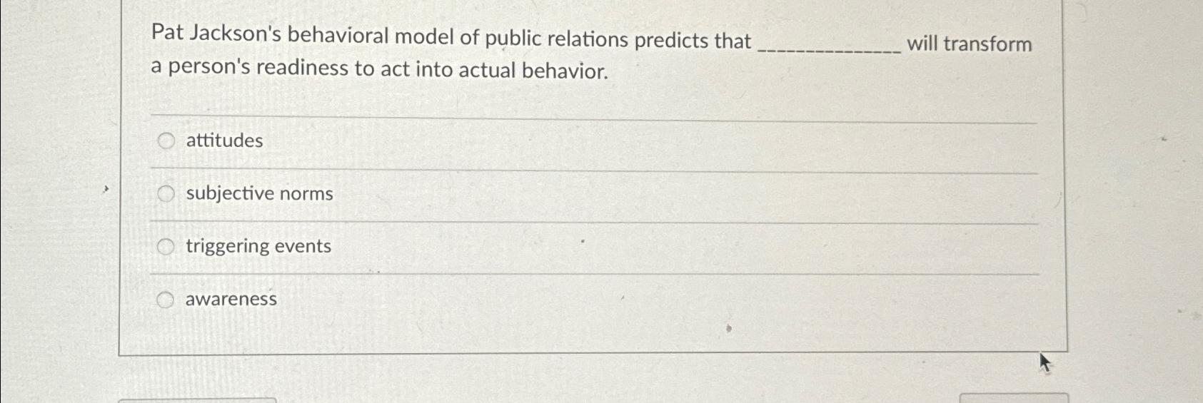 Solved Pat Jackson's behavioral model of public relations | Chegg.com
