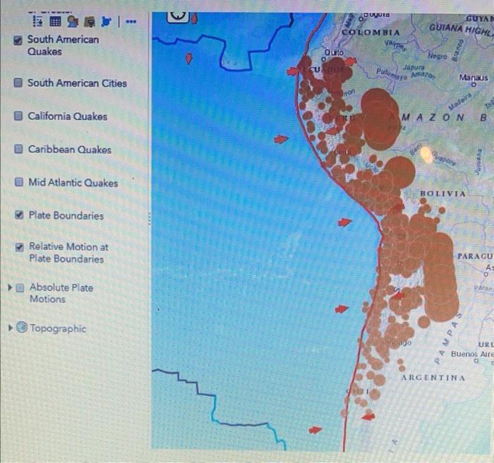 South American Cities
California Quakes
Caribbean Quakes
Mid Atlantic Quakes
Plate Boundaries
Relative Motion at Plate Bounda