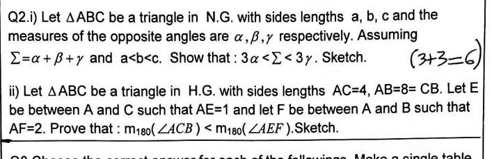 Solved Q2.i) Let A ABC be a triangle in N.G. with sides | Chegg.com