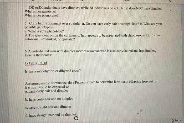 Solved 4. DD Or Dd Individuals Have Dimples, While Dd | Chegg.com