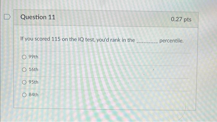 If you scored 115 on the IQ test, youd rank in the percentile.
99th
16th
95th
84th