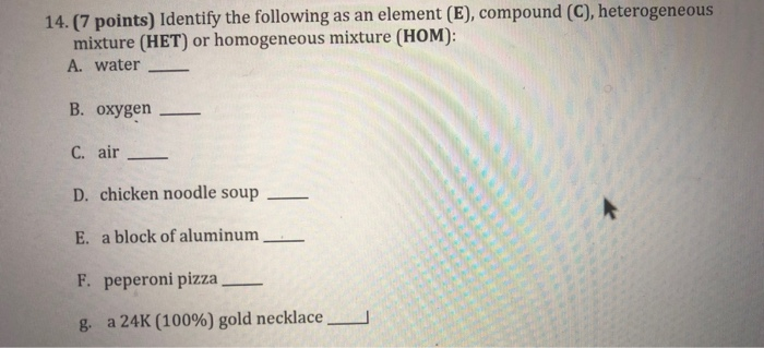 Solved 14. (7 points) Identify the following as an element | Chegg.com