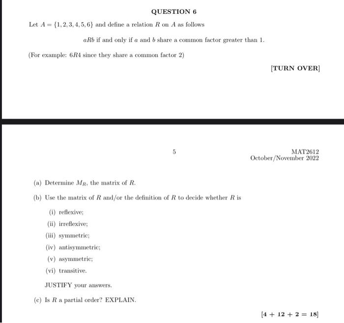 Solved Let A={1,2,3,4,5,6} And Define A Relation R On A As | Chegg.com