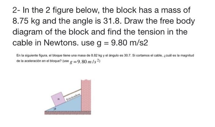 2- In the 2 figure below, the block has a mass of \( 8.75 \mathrm{~kg} \) and the angle is 31.8. Draw the free body diagram o