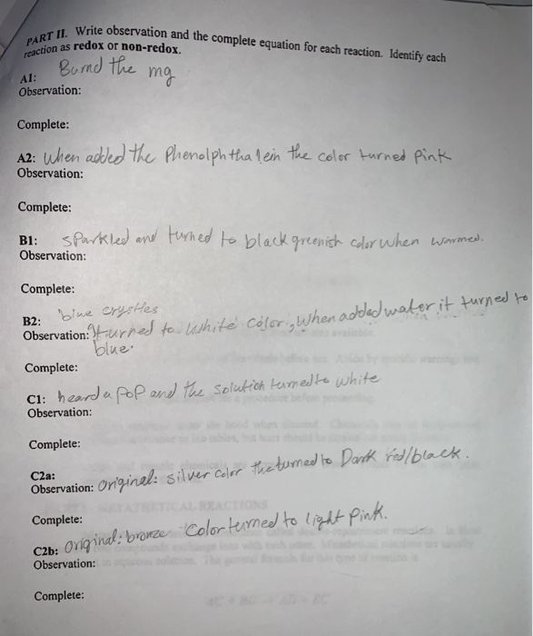 Solved Write observation and the complete equation for each | Chegg.com