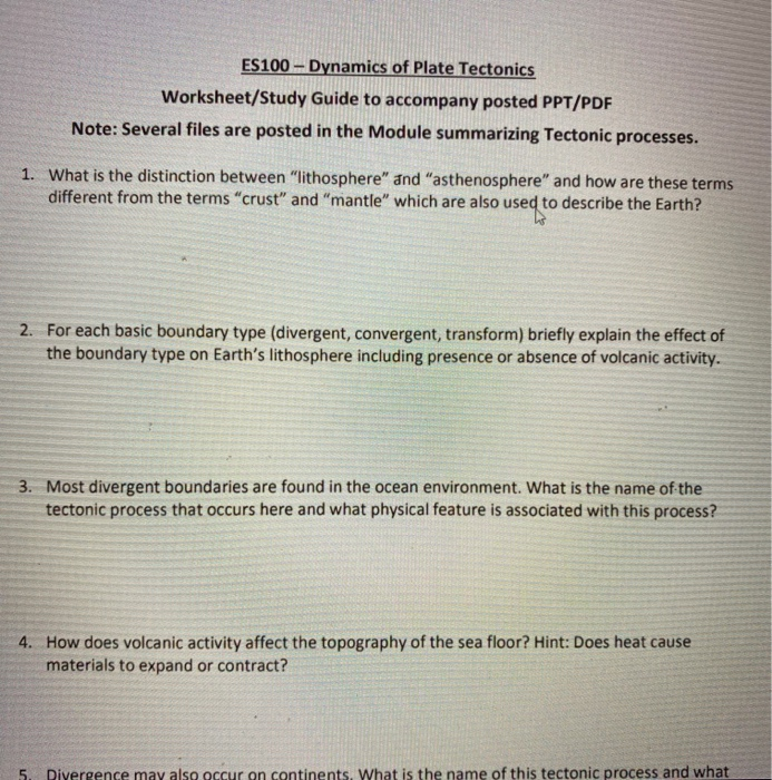 Solved ES 100 - Dynamics of Plate Tectonics Worksheet/Study | Chegg.com