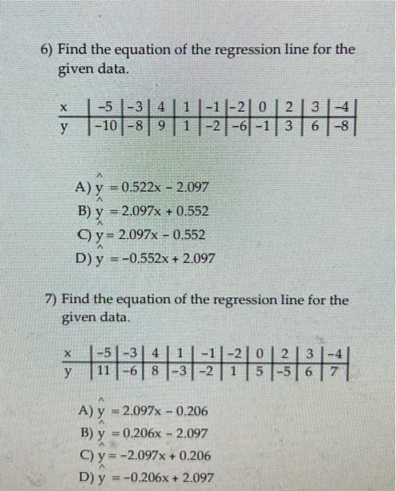 6) Find the equation of the regression line for the given data. A) \( \hat{y}=0.522 x-2.097 \) B) \( \hat{y}=2.097 x+0.552 \)