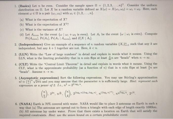 Solved 1. (Basics) Let n be even. Consider the sample space | Chegg.com