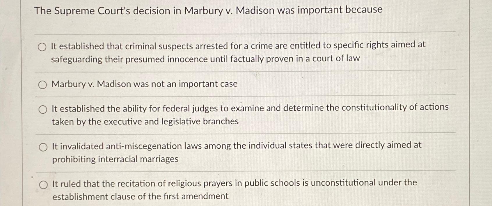 The supreme court's decision in marbury vs clearance madison