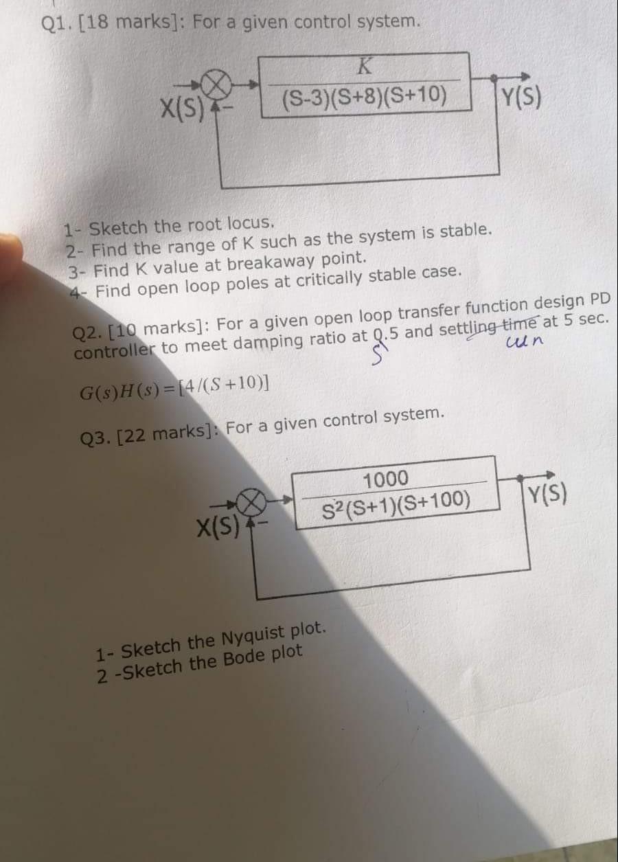 Solved 4- Find ol Q2. [10 marks]: For a given open loop | Chegg.com