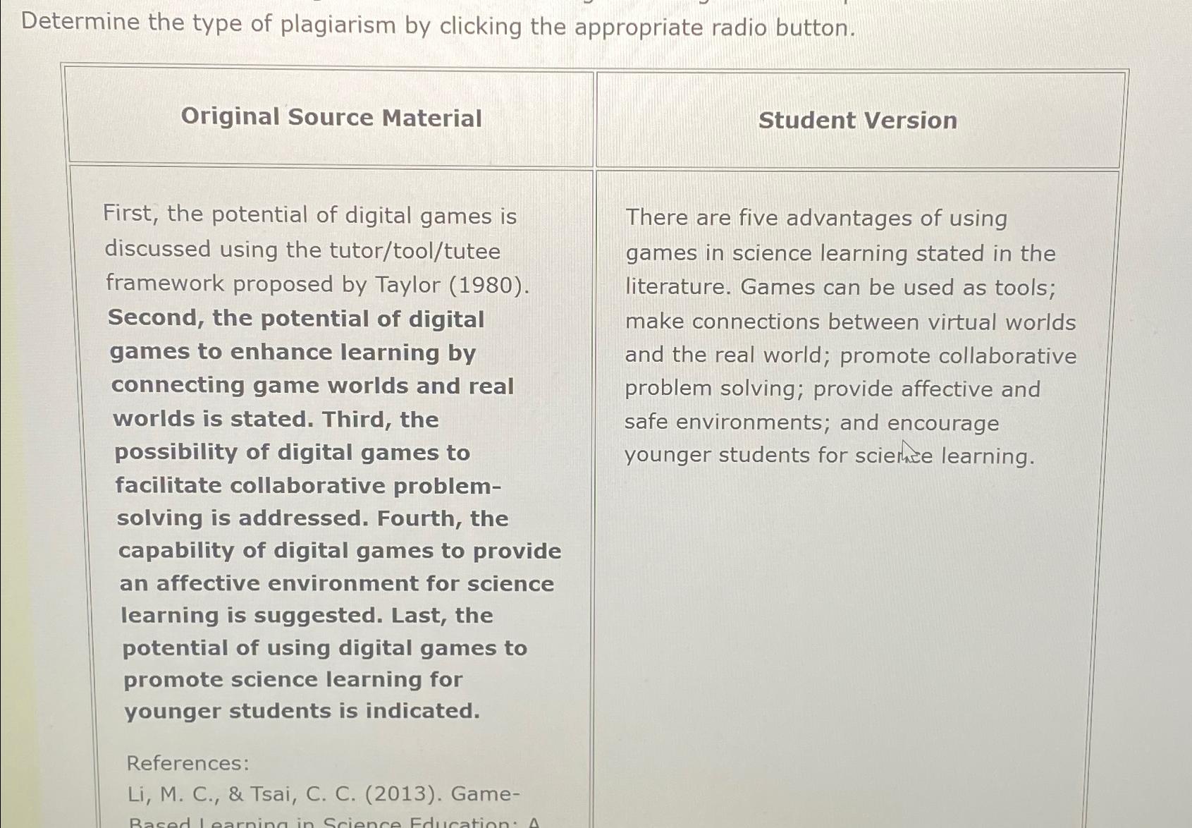 Solved Determine The Type Of Plagiarism By Clicking The | Chegg.com