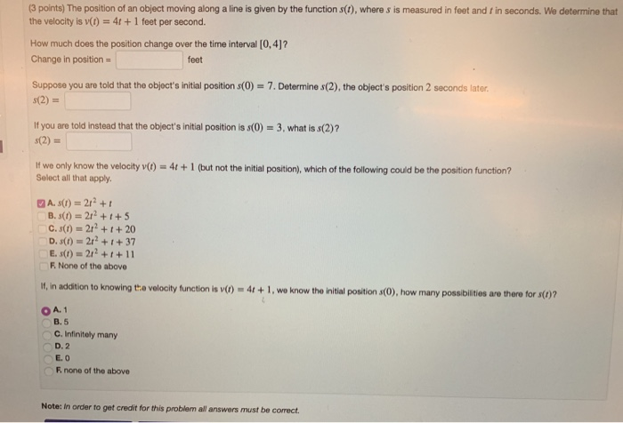 Solved (3 points) The position of an object moving along a | Chegg.com