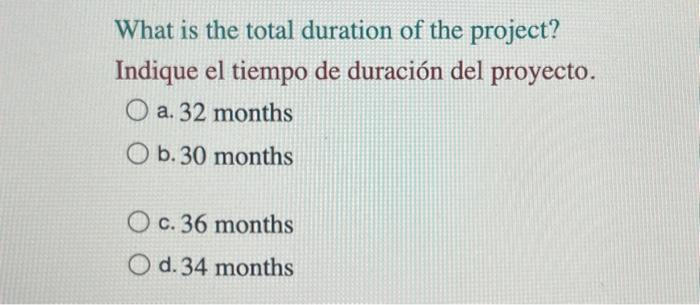 What is the total duration of the project? Indique el tiempo de duración del proyecto. a. 32 months b. 30 months c. 36 months