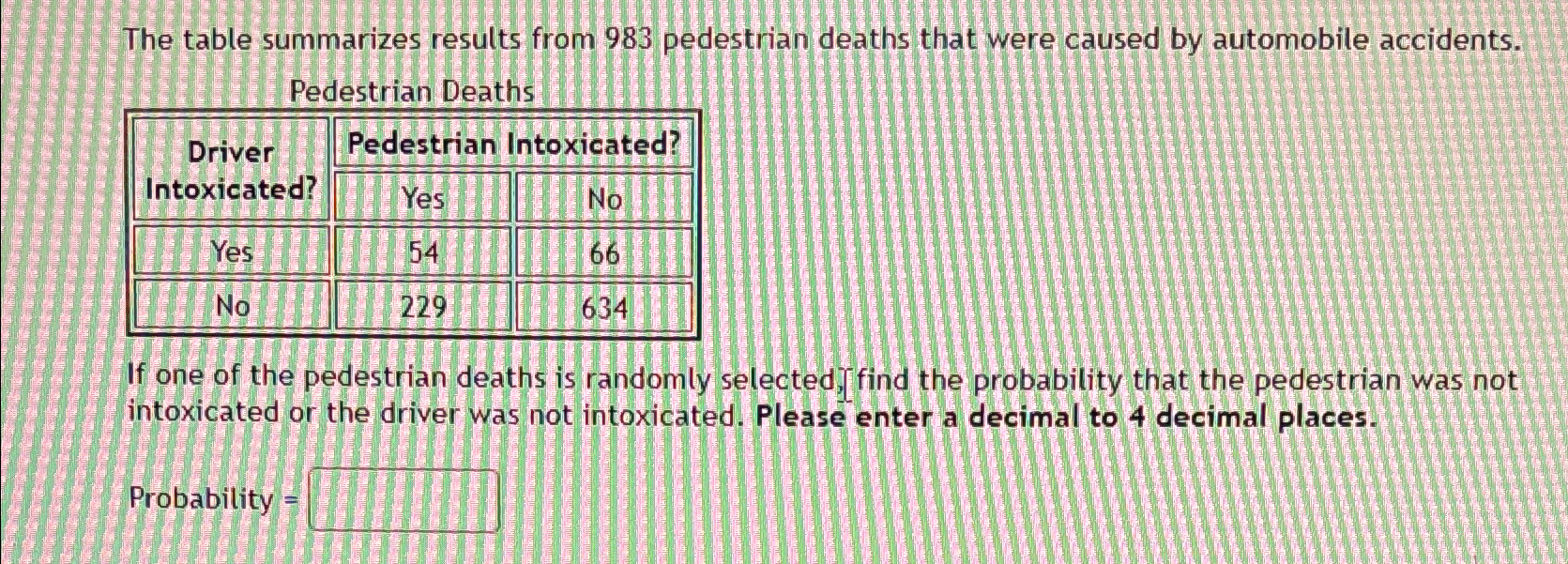 Solved The table summarizes results from 983 ﻿pedestrian | Chegg.com