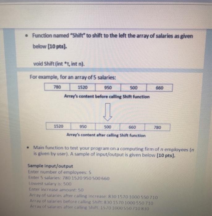 Solved • Function named "Shift" to shift to the left the | Chegg.com