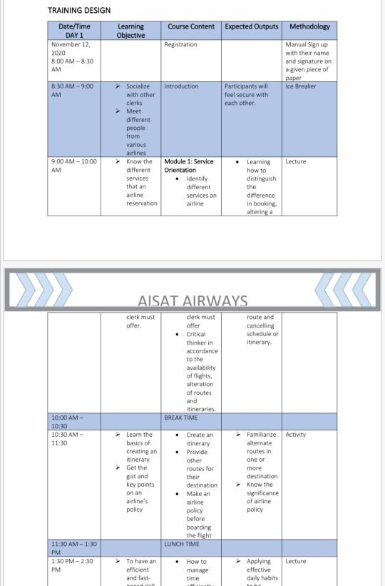 Create a 3 day training program design for an Airline Chegg