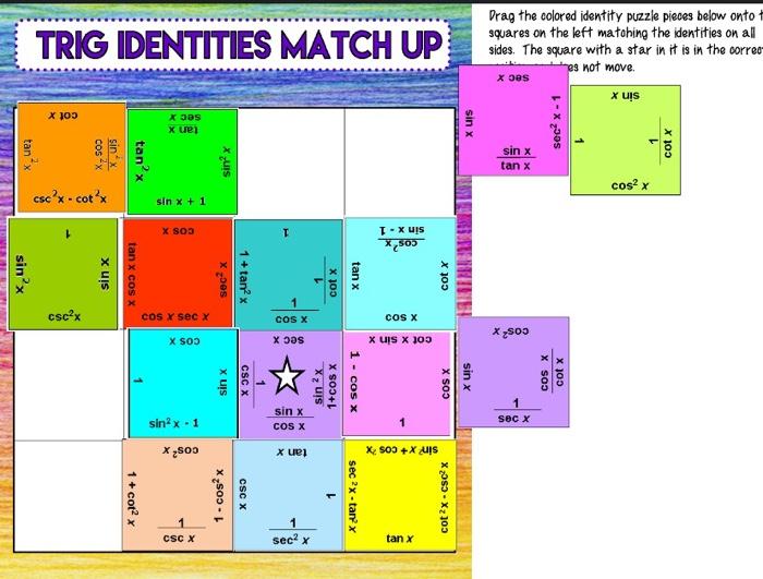 Trig Identities Match Up Drag The Colored Identity 0015