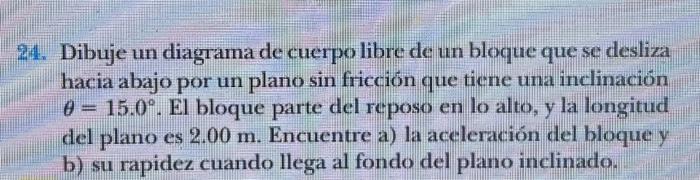 4. Dibuje un diagrama de cuerpo libre de un bloque que se desliza hacia abajo por un plano sin fricción que tiene una inclina