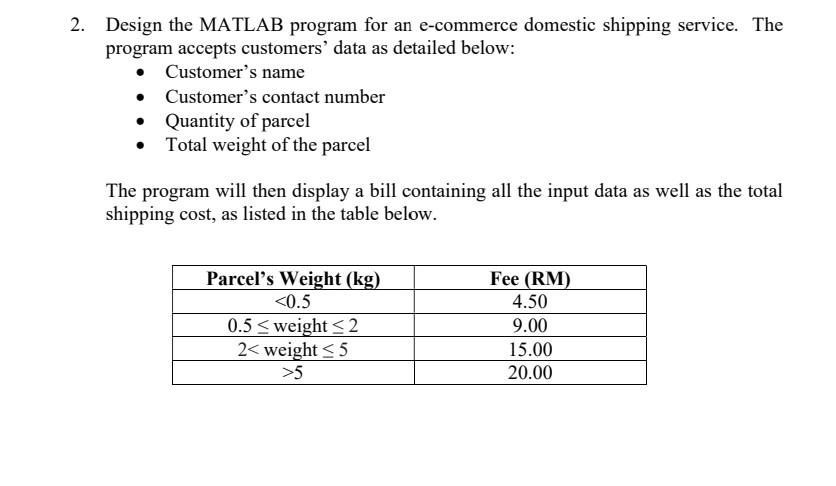 Solved Design the MATLAB program for an e-commerce domestic | Chegg.com