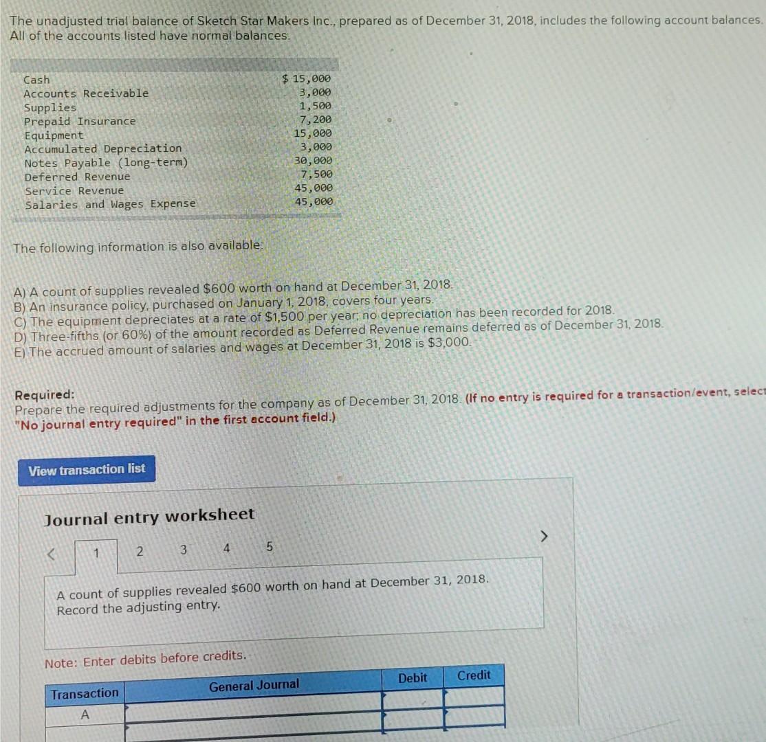 Solved The unadjusted trial balance of Sketch Star Makers