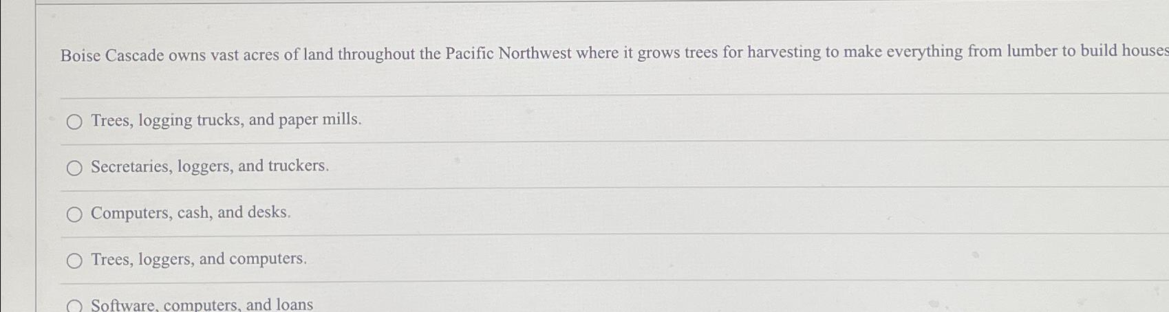 Solved Boise Cascade owns vast acres of land throughout the | Chegg.com