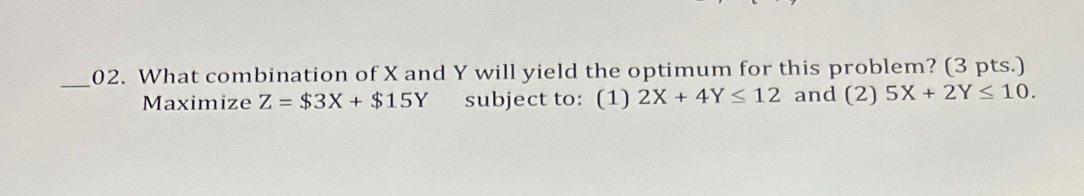 Solved What combination of x ﻿and Y ﻿will yield the optimum | Chegg.com