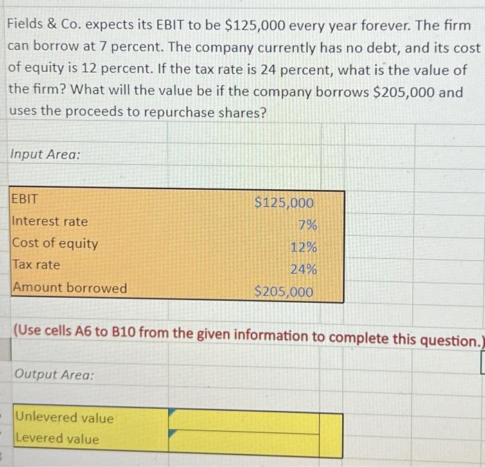 Solved Fields \& Co. expects its EBIT to be $125,000 every | Chegg.com