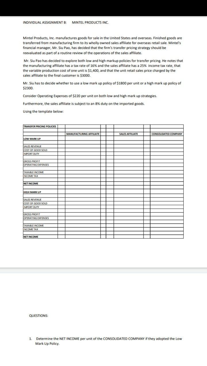 Solved INDIVIDUAL ASSIGNMENT B: MINTEL PRODUCTS INC. : | Chegg.com