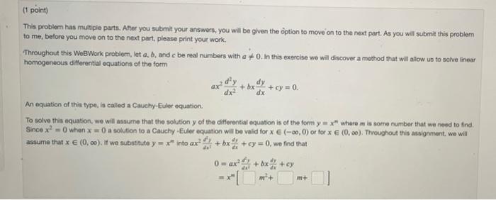 Solved (1 point) This problem has multiple parts. After you | Chegg.com