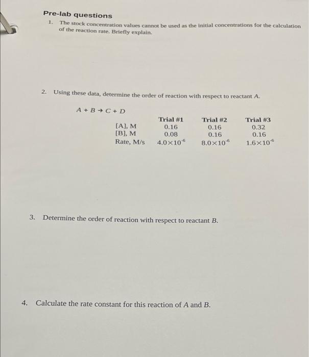 Solved Pre Lab Questions 1 The Stock Concentration Values 