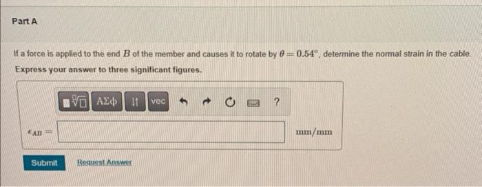 If a force is applied to the end \( B \) of the member and causes it to rotate by \( \theta=0.54^{\circ} \), determine the no