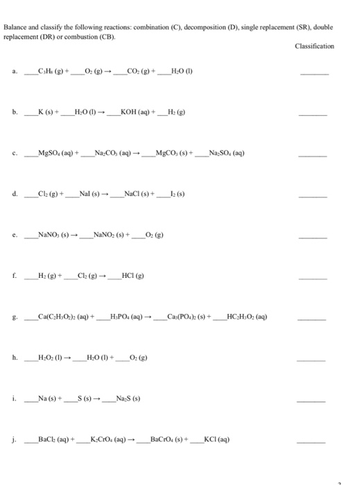 Solved Balance and classify the following reactions | Chegg.com