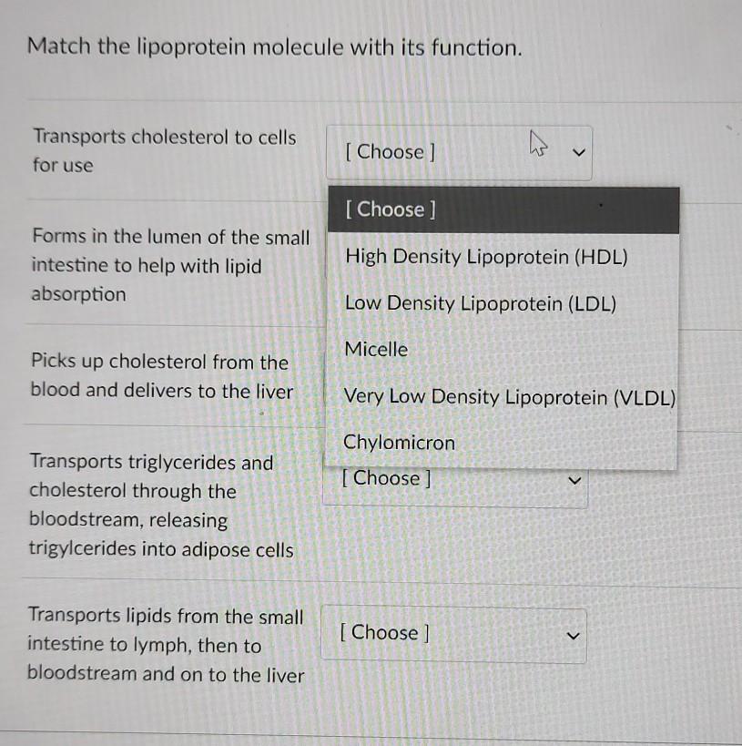 Solved Match the lipoprotein molecule with its function. | Chegg.com