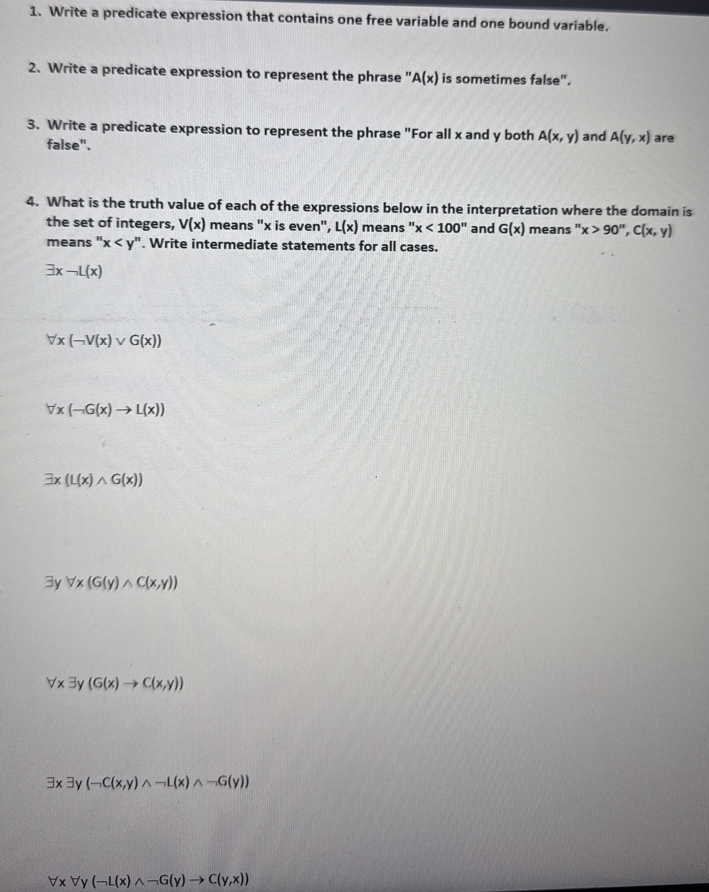 Solved Write a predicate expression that contains one free | Chegg.com